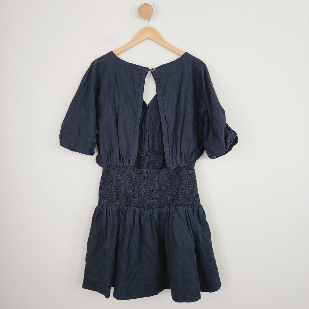 Maeve Anthropologie Black Puff Sleeve Smocked Open Back Cotton Mini Dress L - Picture 10 of 13